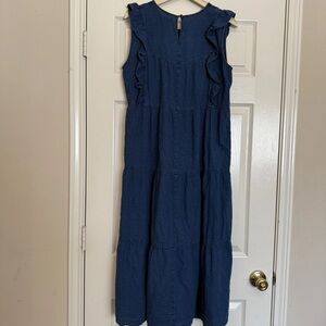 MADEWELL Women's L Indigo Blue Ruffled-Bodice Cotton Tiered Boho Midi Dress